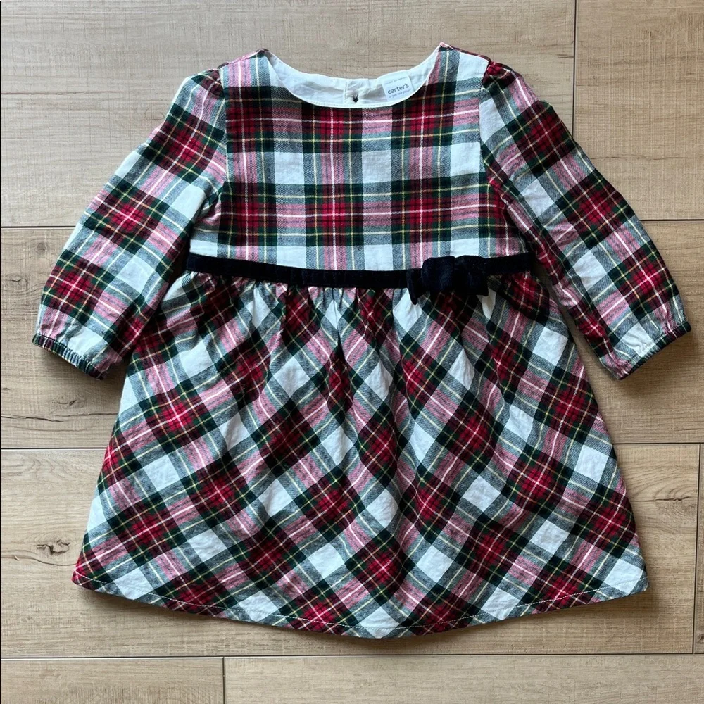 Carter's Red and Green Plaid Dress with Black Velvet Bow